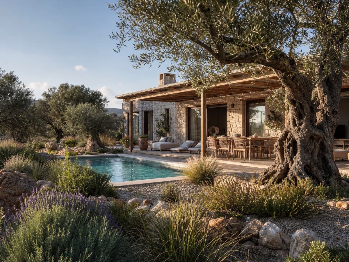Zeytin ağaçları arasında modern villa